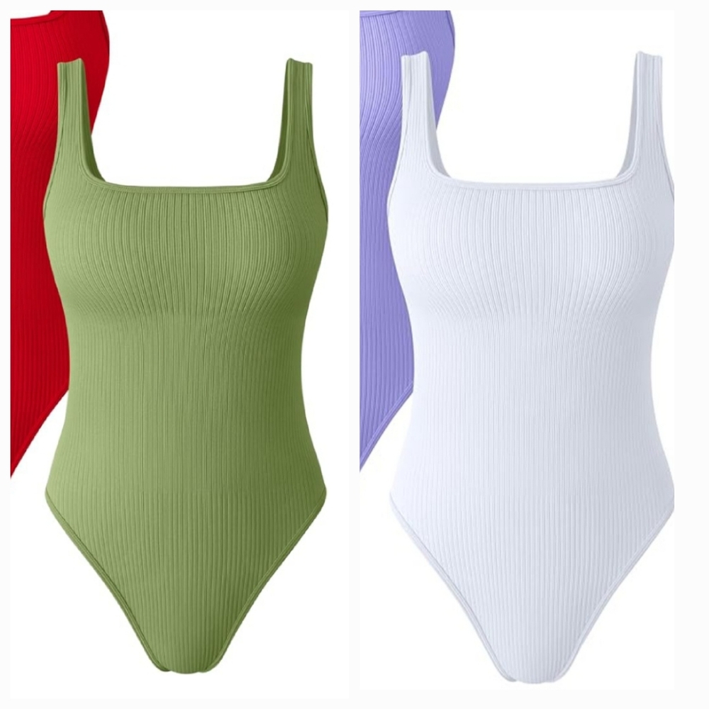 OQQ Women's Bodysuit Sexy Ribbed Square Neck Basic Stretch Tank Tops